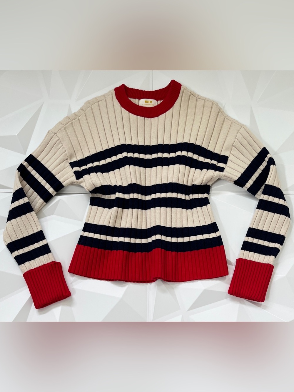 Maeve by Anthropologie Rib Crew Compact Pullover Sweater Cream & Navy Striped - Picture 5 of 16
